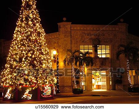 Stock Photo -  Palm Beach, FL, Florida, downtown, Worth Avenue, shopping district, exclusive shops, Christmas Tree, evening. Fotosearch