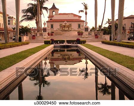Stock Image -  Palm Beach, FL, Florida, Memorial Park Fountain and Town Hall. Fotosearch