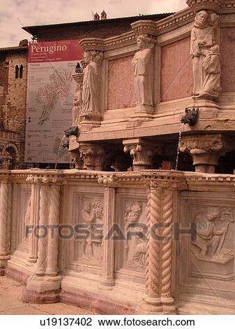 Stock Image -  Perugia, Umbria, Italy, Europe, Relief sculpture on the Fontana Maggiore in the medieval town of Perugia.. Fotosearch