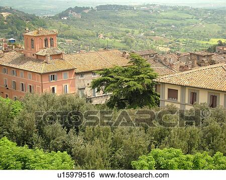 Stock Photograph -  Perugia, Umbria, Italy, Europe, Scenic view of the countryside of Umbria from the medieval town of Perugia.. Fotosearch