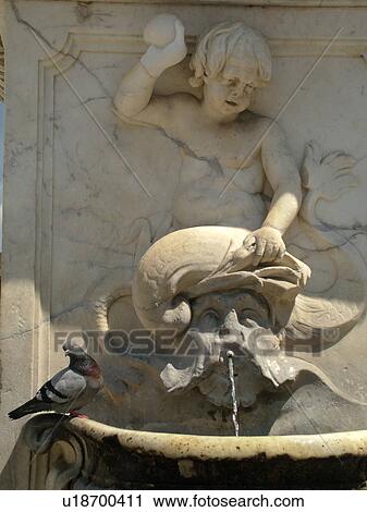 Stock Image -  Pisa, Tuscany, Italy, Toscana, Europe, Pigeons roosting on a fountain in Campo dei Miracoli (Field of Miracles) in the city of Pisa.. Fotosearch
