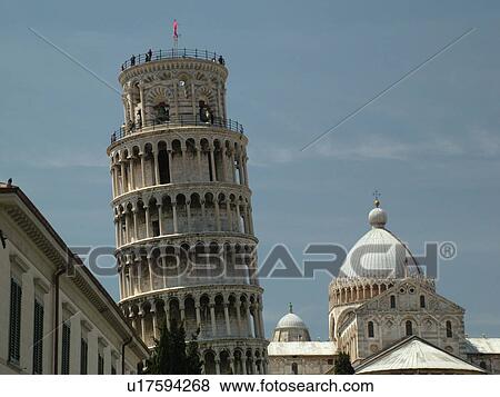 Stock Photo -  Pisa, Tuscany, Italy, Toscana, Europe, The Leaning Tower of Pisa (Torre Pendente) towering over in the city of Pisa.. Fotosearch