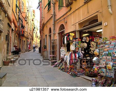 Portovenere, Liguria, Italy, Riviera di Levante, Ligurian Riviera, Europe, Shops along the narrow streets of the resort town of Portovenere along the Ligurian Sea. View Large Photo Image Stock Photo - Portovenere, Liguria, Italy, Riviera di Levante, Ligurian Riviera, Europe, Shops along the narrow streets of the resort town of Portovenere along the Ligurian Sea.. Fotosearch