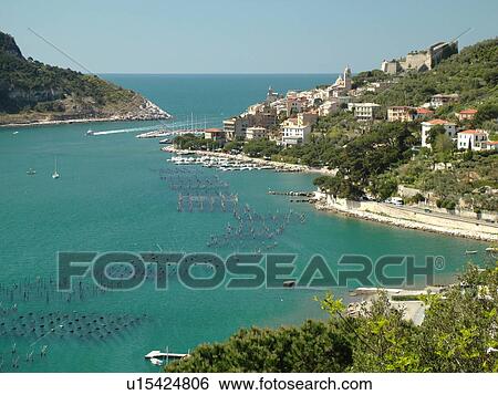 Stock Photograph -  Portovenere, Liguria, Italy, Riviera di Levante, Ligurian Riviera, Europe, Scenic view of the resort town of Portovenere along the Ligurian Sea.. Fotosearch