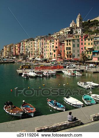Portovenere, Riviera di Levante, Liguria, Italy, Ligurian Riviera, Europe, Fishing boats docked in the harbor of the resort town of Portovenere along the Ligurian Sea. View Large Photo Image Picture - Portovenere, Riviera di Levante, Liguria, Italy, Ligurian Riviera, Europe, Fishing boats docked in the harbor of the resort town of Portovenere along the Ligurian Sea.. Fotosearch