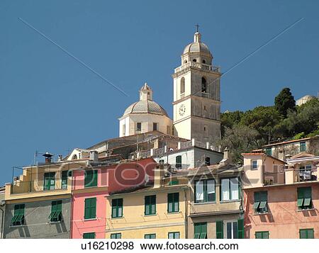Stock Photo -  Portovenere, Riviera di Levante, Liguria, Italy, Ligurian Riviera, Europe, Buildings along the waterfront of the resort town of Portovenere along the Ligurian Sea.. Fotosearch