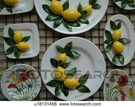 Stock Photograph -  pottery, Pienza, Tuscany, Italy, Toscana, Europe, Ceramic pottery displayed at a local store in the Renaissance town of Pienza.. Fotosearch