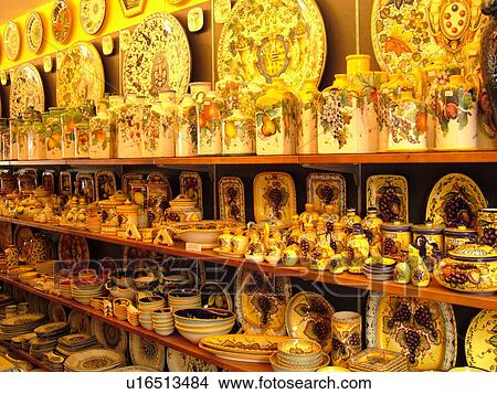 Picture -  pottery, Tuscany, Italy, San Gimignano, Toscana, Europe, Ceramic pottery displayed at a local store in the medieval town of San Gimignano.. Fotosearch