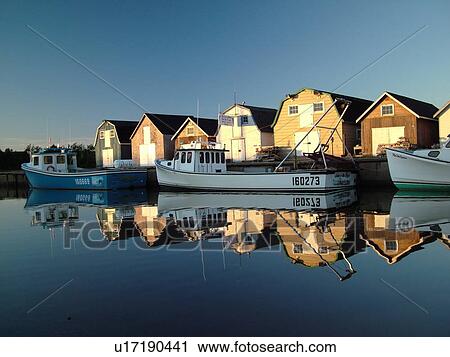 Prince Edward Island, New London, Canada, Queens County, Gulf of Saint Lawrence, fishing village, harbor, fishing boats, marina, reflection View Large Photo Image Stock Image - Prince Edward Island, New London, Canada, Queens County, Gulf of Saint Lawrence, fishing village, harbor, fishing boats, marina, reflection. Fotosearch