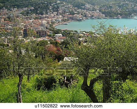 Stock Image -  Rapallo, Riviera di Levante, Liguria, Italy, Ligurian Riviera, Europe, Scenic view of the resort town of Rapallo on the Gulf of Tigullio (Gulfo di Tigullio) along the Ligurian Sea on the Ligurian Riviera.. Fotosearch