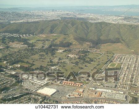 Stock Image -  San Francisco, CA, California, Aerial, airplane flying over South San Francisco. Fotosearch