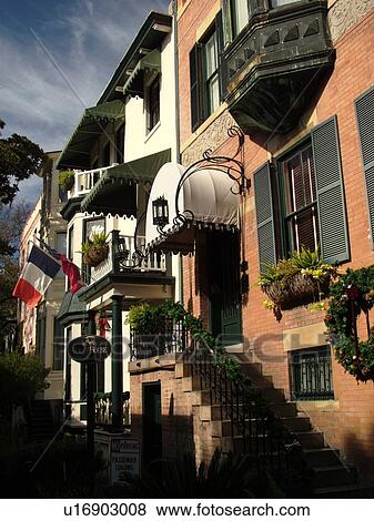 Stock Photo -  Savannah, GA, Georgia, downtown, historic houses near Chippewa Square. Fotosearch