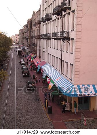 Savannah Ga Georgia Historic Waterfront River Street Downtown Cobblestone Street Stock Photo U Fotosearch