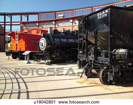 Stock Image -  Scranton, PA, Pennsylvania, Steamtown National Historic Site, railroad, turntable, roundhouse, caboose, steam locomotive, coal car. Fotosearch