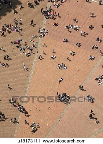 Stock Image -  Siena, Tuscany, Italy, Toscana, Europe, Aerial view of the Piazza del Campo in the city of Siena from Torre del Mangia.. Fotosearch