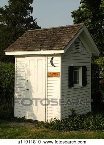 Stock Image -  Southold, NY, Long Island, New York, Southold Historical Society, Museums of Southold, outhouse. Fotosearch