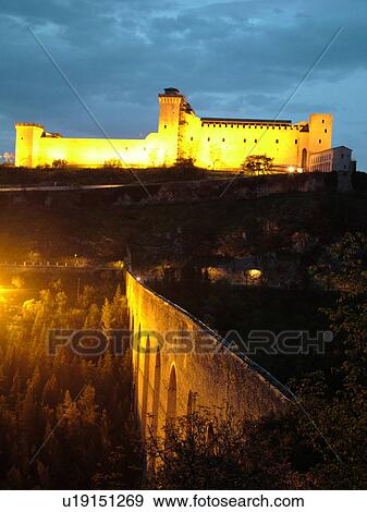 Spoleto, Umbria, Italy, Europe, Ponte delle Torri (Bridge of the Towers) and Rocca (castle) Albornoziana illuminated at night in the medieval city of Spoleto. View Large Photo Image Stock Photo - Spoleto, Umbria, Italy, Europe, Ponte delle Torri (Bridge of the Towers) and Rocca (castle) Albornoziana illuminated at night in the medieval city of Spoleto.. Fotosearch