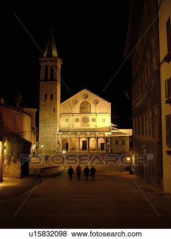 Spoleto, Umbria, Italy, Europe, The cathedral is illuminated at night in the medieval city of Spoleto. View Large Photo Image Stock Photo - Spoleto, Umbria, Italy, Europe, The cathedral is illuminated at night in the medieval city of Spoleto.. Fotosearch