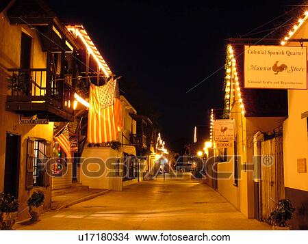 Picture -  St. Augustine, FL, Florida, The Old city, St. George Street decorated for the Christmas Holiday in the evenings, Walking Mall. Fotosearch