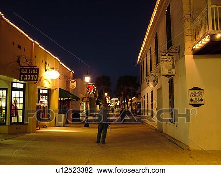 St. Augustine, FL, Florida, The Old City, St. George Street decorated for the Christmas Holiday in the evenings, Walking Mall View Large Photo Image Stock Image - St. Augustine, FL, Florida, The Old City, St. George Street decorated for the Christmas Holiday in the evenings, Walking Mall. Fotosearch