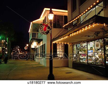 St. Augustine, FL, Florida, The Old city, St. George Street decorated for the Christmas Holiday in the evenings, Walking Mall View Large Photo Image Stock Photo - St. Augustine, FL, Florida, The Old city, St. George Street decorated for the Christmas Holiday in the evenings, Walking Mall. Fotosearch