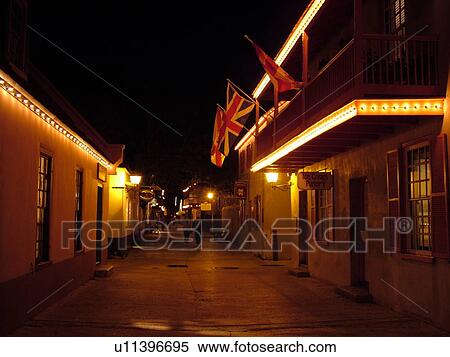 St. Augustine, FL, Florida, The Old city, St. George Street decorated for the Christmas Holiday in the evenings, Walking Mall View Large Photo Image Stock Photography - St. Augustine, FL, Florida, The Old city, St. George Street decorated for the Christmas Holiday in the evenings, Walking Mall. Fotosearch