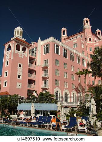 Stock Image -  St. Petersburg, FL, Florida, Tampa Bay, St. Pete Beach, Gulf Coast Beaches, Don Cesar Resort and Spa ca. 1920, swimming pool. Fotosearch