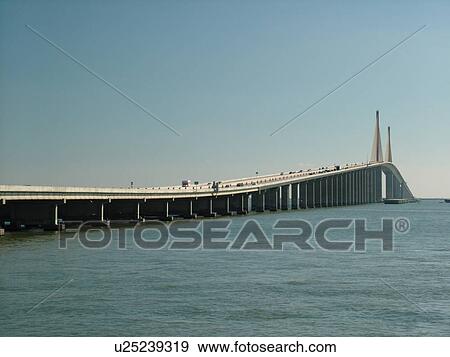 Stock Photo -  St. Petersburg, FL, Florida, Tampa Bay, Sunshine Skyway Bridge, I-275, 15 mile bridge spans lower Tampa Bay. Fotosearch