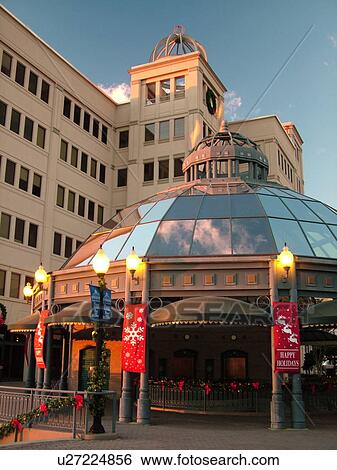 Stock Photograph -  Tallahassee, FL, Florida, downtown, Kleman Plaza decorated for the Christmas Holidays. Fotosearch