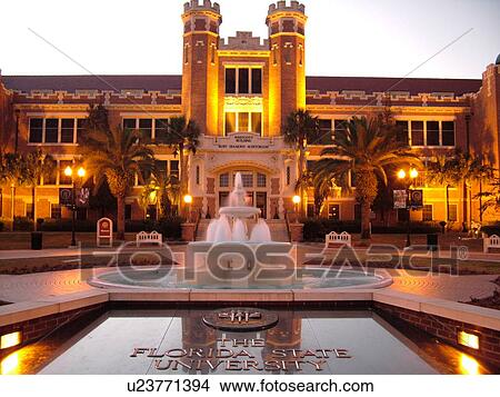 Picture -  Tallahassee, FL, Florida, FSU, Florida State University, Westcott Building, Diamond Auditorium, fountain, Westcott Plaza, evening. Fotosearch