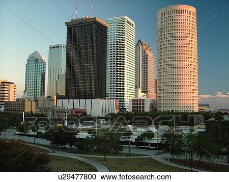 Stock Image -  Tampa, FL, Florida, Tampa Bay, downtown skyline, from Curtis Hixon Park. Fotosearch