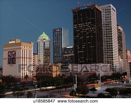 Stock Photo -  Tampa, FL, Florida, Tampa Bay, downtown skyline, from Curtis Hixon Park, evening. Fotosearch