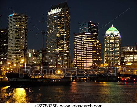 Stock Photo -  Tampa, FL, Florida, Tampa Bay, Garrison Channel, downtown skyline, evening. Fotosearch