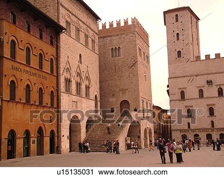 Stock Image -  Todi, Umbria, Italy, Europe, Palazzo del Popolo and Palazzo de Capitano in the medieval hilltop town of Todi.. Fotosearch