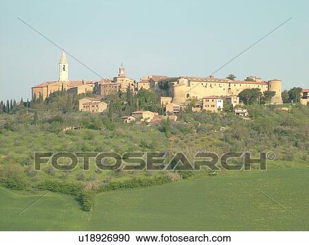 Stock Image -  Tuscany, Italy, Pienza, Toscana, Europe, Scenic view of the Renaissance hilltop town of Pienza.. Fotosearch