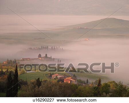 Tuscany, Italy, Pienza, Toscana, Europe, Scenic countryside of Tuscany in the fog in Pienza. View Large Photo Image Stock Photo - Tuscany, Italy, Pienza, Toscana, Europe, Scenic countryside of Tuscany in the fog in Pienza.. Fotosearch