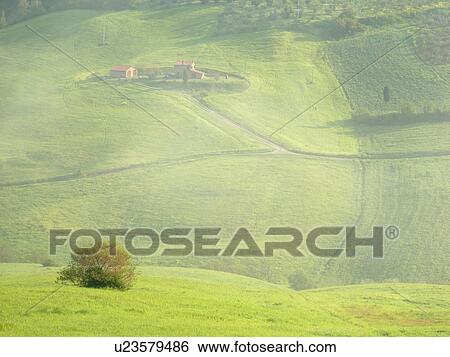 Stock Photograph -  Tuscany, Italy, Pienza, Toscana, Europe, Scenic view of a Tuscan home and the countryside of Tuscany in Pienza.. Fotosearch