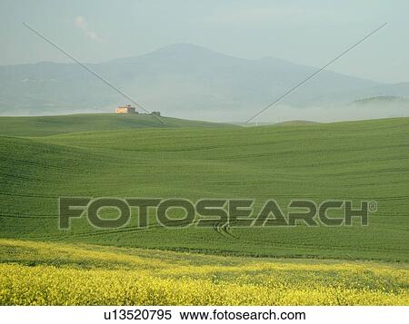 Stock Photography -  Tuscany, Italy, Pienza, Toscana, Europe, Scenic view of a Tuscan home and the countryside of Tuscany in the fog in Pienza.. Fotosearch