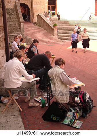 Tuscany, Italy, San Gimignano, Toscana, Europe, People sketching pictures in the Piazza Duomo in the medieval town of San Gimignano. View Large Photo Image Stock Image - Tuscany, Italy, San Gimignano, Toscana, Europe, People sketching pictures in the Piazza Duomo in the medieval town of San Gimignano.. Fotosearch