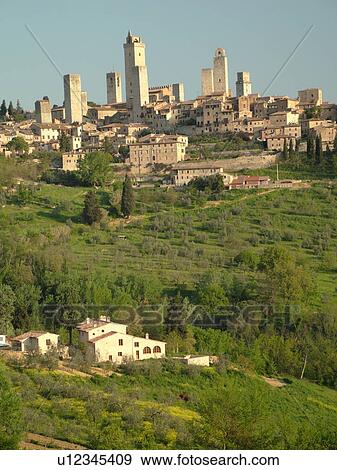 Stock Photo -  Tuscany, Italy, San Gimignano, Toscana, Europe, Scenic view of the medieval town of San Gimignano in the Chianti Region.. Fotosearch