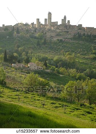 Stock Photo -  Tuscany, Italy, San Gimignano, Toscana, Europe, Scenic view of the medieval town of San Gimignano in the Chianti Region.. Fotosearch
