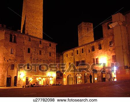 Tuscany, Italy, San Gimignano, Toscana, Europe, Piazza della Cisterna in the medieval town of San Gimignano in the evening. View Large Photo Image Stock Photo - Tuscany, Italy, San Gimignano, Toscana, Europe, Piazza della Cisterna in the medieval town of San Gimignano in the evening.. Fotosearch