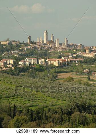 Stock Photo -  Tuscany, Italy, San Gimignano, Toscana, Europe, Scenic view of the medieval town of San Gimignano in the Chianti Region.. Fotosearch