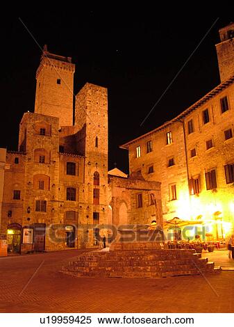 Tuscany, Italy, San Gimignano, Toscana, Europe, Piazza della Cisterna in the medieval town of San Gimignano in the evening. View Large Photo Image Stock Photography - Tuscany, Italy, San Gimignano, Toscana, Europe, Piazza della Cisterna in the medieval town of San Gimignano in the evening.. Fotosearch