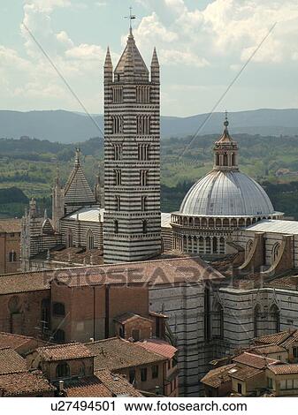 Tuscany, Italy, Siena, Toscana, Europe, Aerial view of the Duomo Campanile and the city of Siena from Torre del Mangia. View Large Photo Image Stock Image - Tuscany, Italy, Siena, Toscana, Europe, Aerial view of the Duomo Campanile and the city of Siena from Torre del Mangia.. Fotosearch