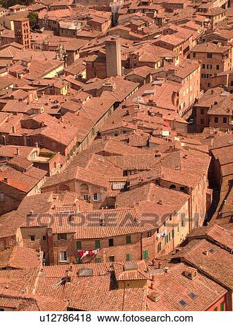 Stock Photo -  Tuscany, Italy, Siena, Toscana, Europe, Aerial view of the city of Siena from Torre del Mangia.. Fotosearch