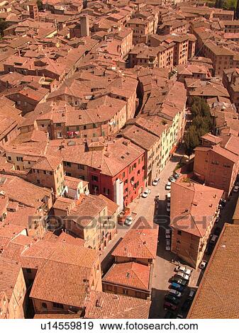 Stock Photo -  Tuscany, Italy, Siena, Toscana, Europe, Aerial view of the city of Siena from Torre del Mangia.. Fotosearch