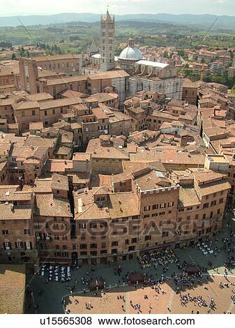 Tuscany, Italy, Siena, Toscana, Europe, Aerial view of the Duomo Campanile and the city of Siena from Torre del Mangia. View Large Photo Image Stock Photo - Tuscany, Italy, Siena, Toscana, Europe, Aerial view of the Duomo Campanile and the city of Siena from Torre del Mangia.. Fotosearch