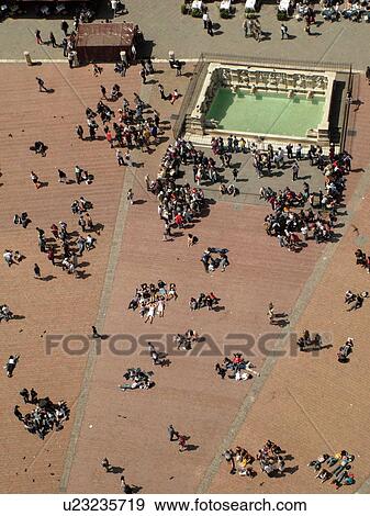 Tuscany, Italy, Siena, Toscana, Europe, Aerial view of the Piazza del Campo and the Fonte Gaia (Gay Fountain) in the city of Siena from Torre del Mangia. View Large Photo Image Stock Photo - Tuscany, Italy, Siena, Toscana, Europe, Aerial view of the Piazza del Campo and the Fonte Gaia (Gay Fountain) in the city of Siena from Torre del Mangia.. Fotosearch