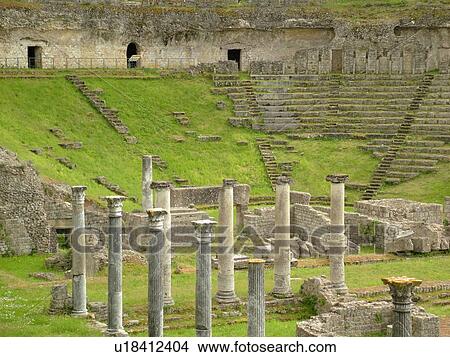 Picture -  Tuscany, Italy, Volterra, Toscana, Europe, The ancient ruins of Teatro Romano (Roman Theater) in the medieval town of Volterra.. Fotosearch